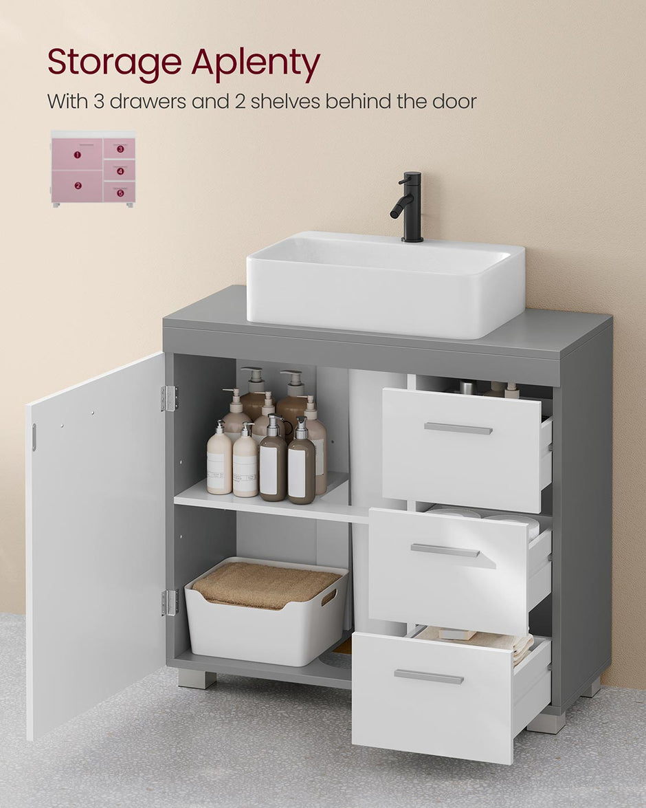 Under Sink Bathroom Cabinet – Wood – White – 3 Drawers, 2 Compartments