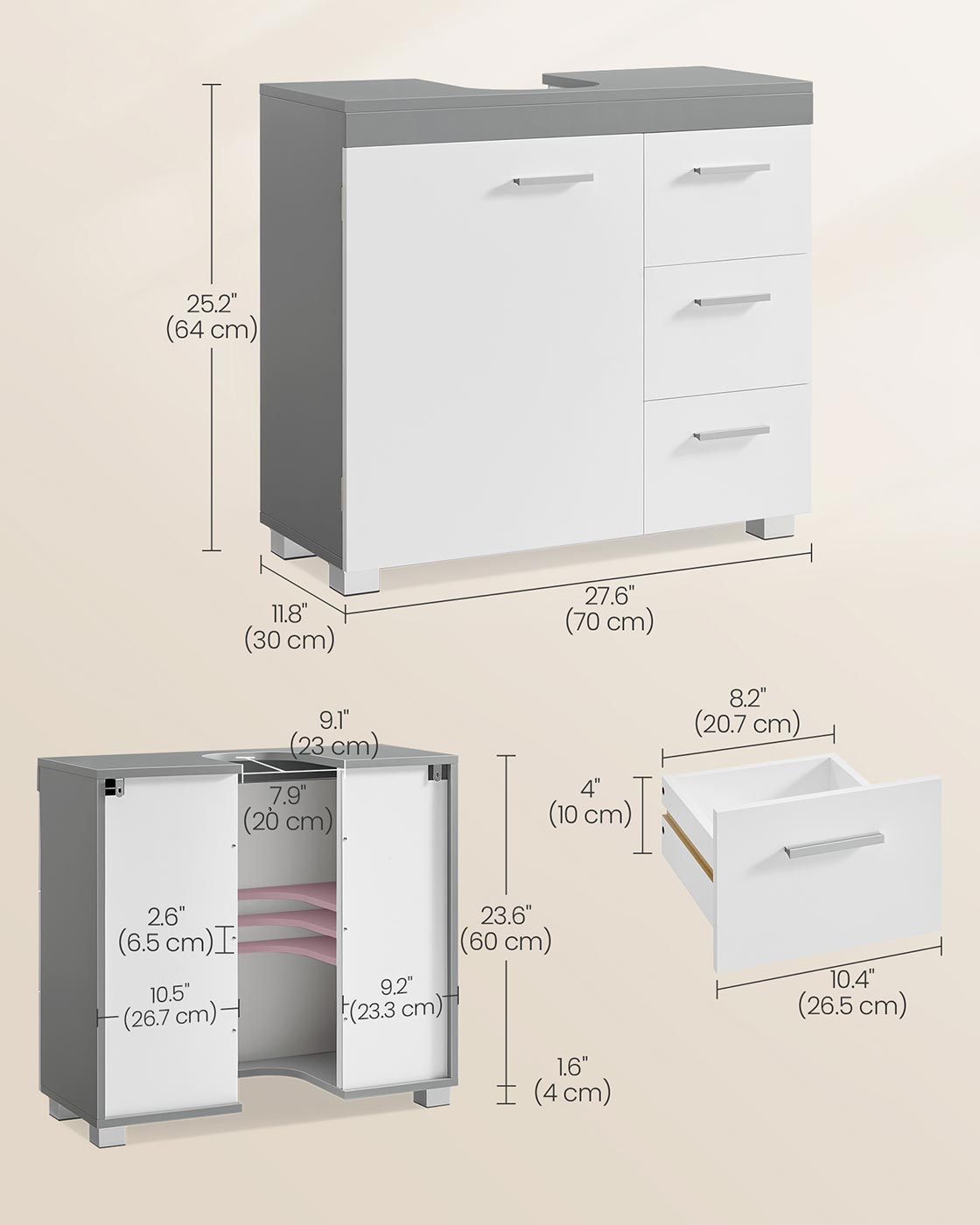 Under Sink Bathroom Cabinet – Wood – White – 3 Drawers, 2 Compartments