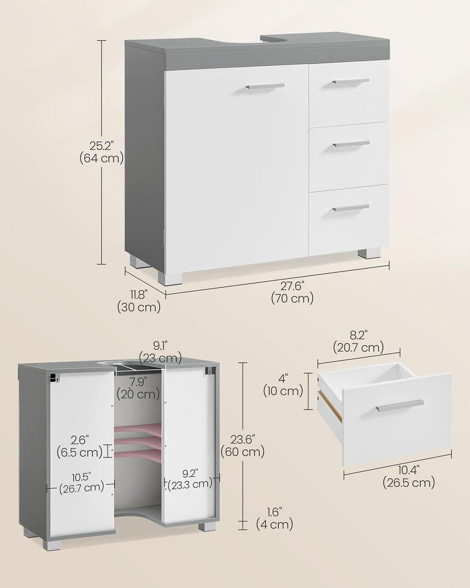 Under Sink Bathroom Cabinet – Wood – White – 3 Drawers, 2 Compartments