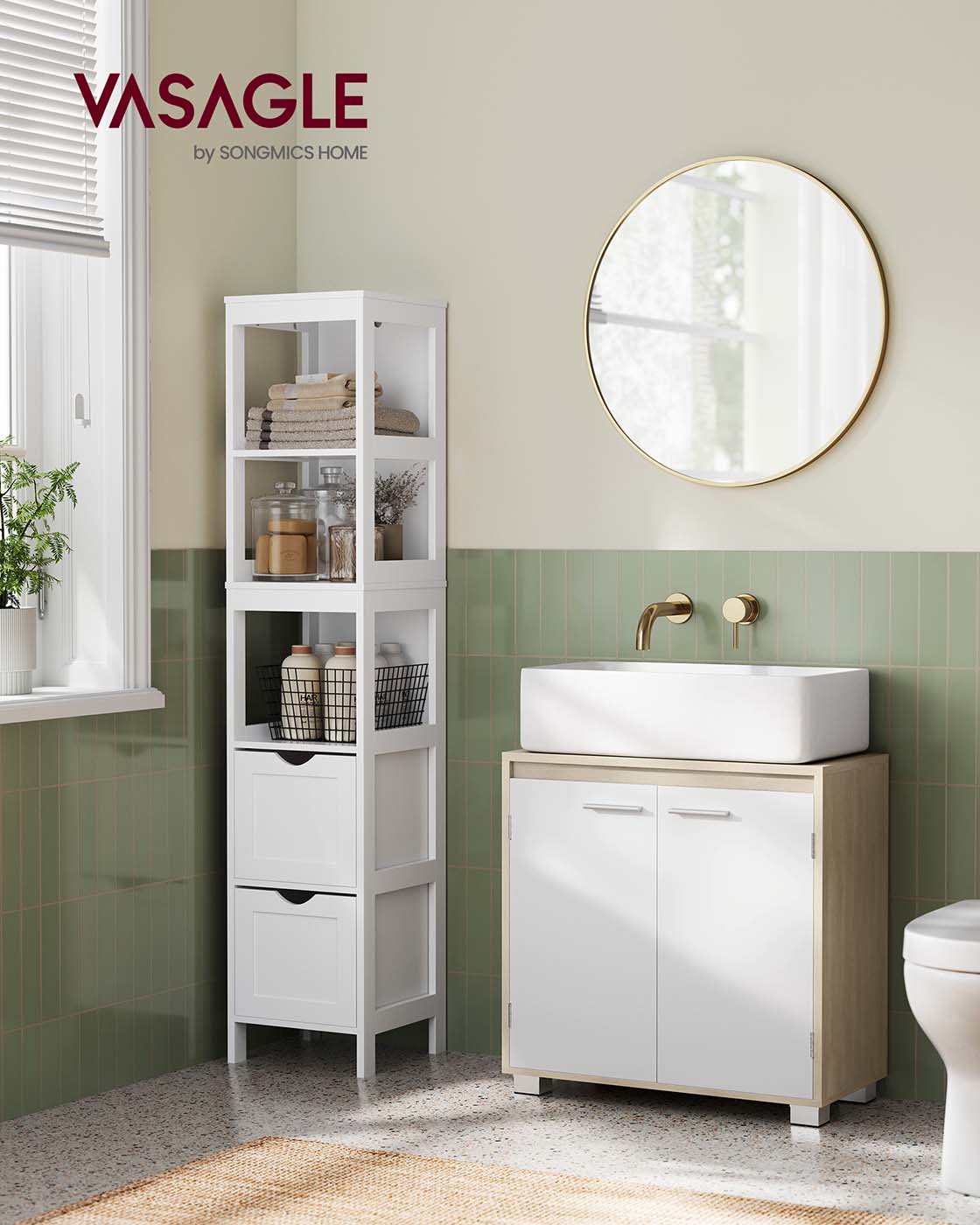 Under Sink Bathroom Cabinet – MDF – Natural Beige and Cloud White – Two Storage Compartments