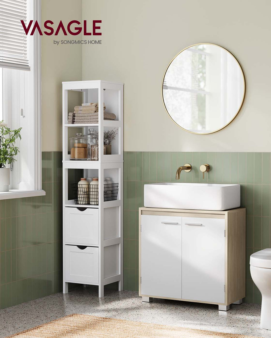 Under Sink Bathroom Cabinet – MDF – Natural Beige and Cloud White – Two Storage Compartments