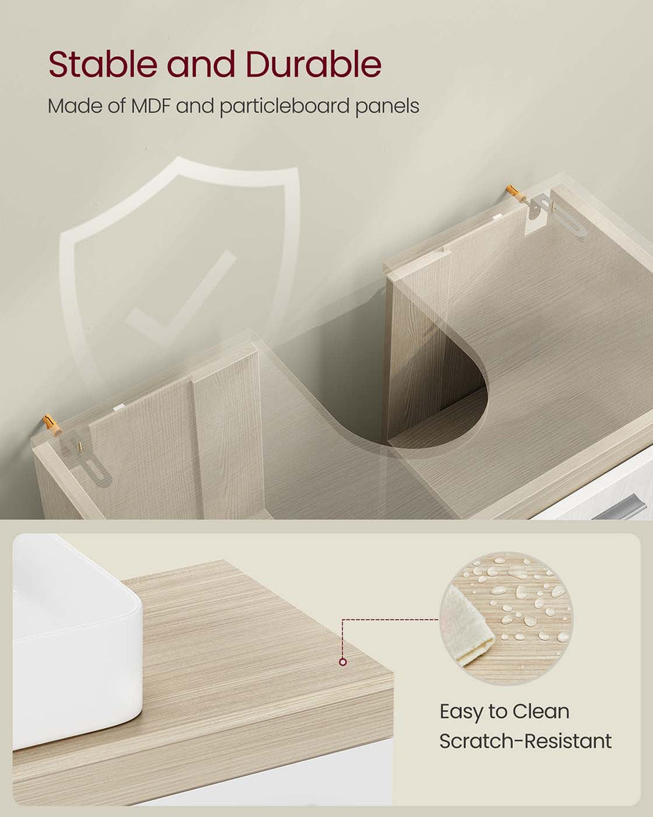 Under Sink Bathroom Cabinet – MDF – Natural Beige and Cloud White – Two Storage Compartments