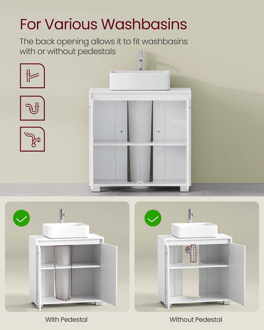 Under Sink Bathroom Cabinet – Engineered Wood – Cloud White – 2 Storage Compartments