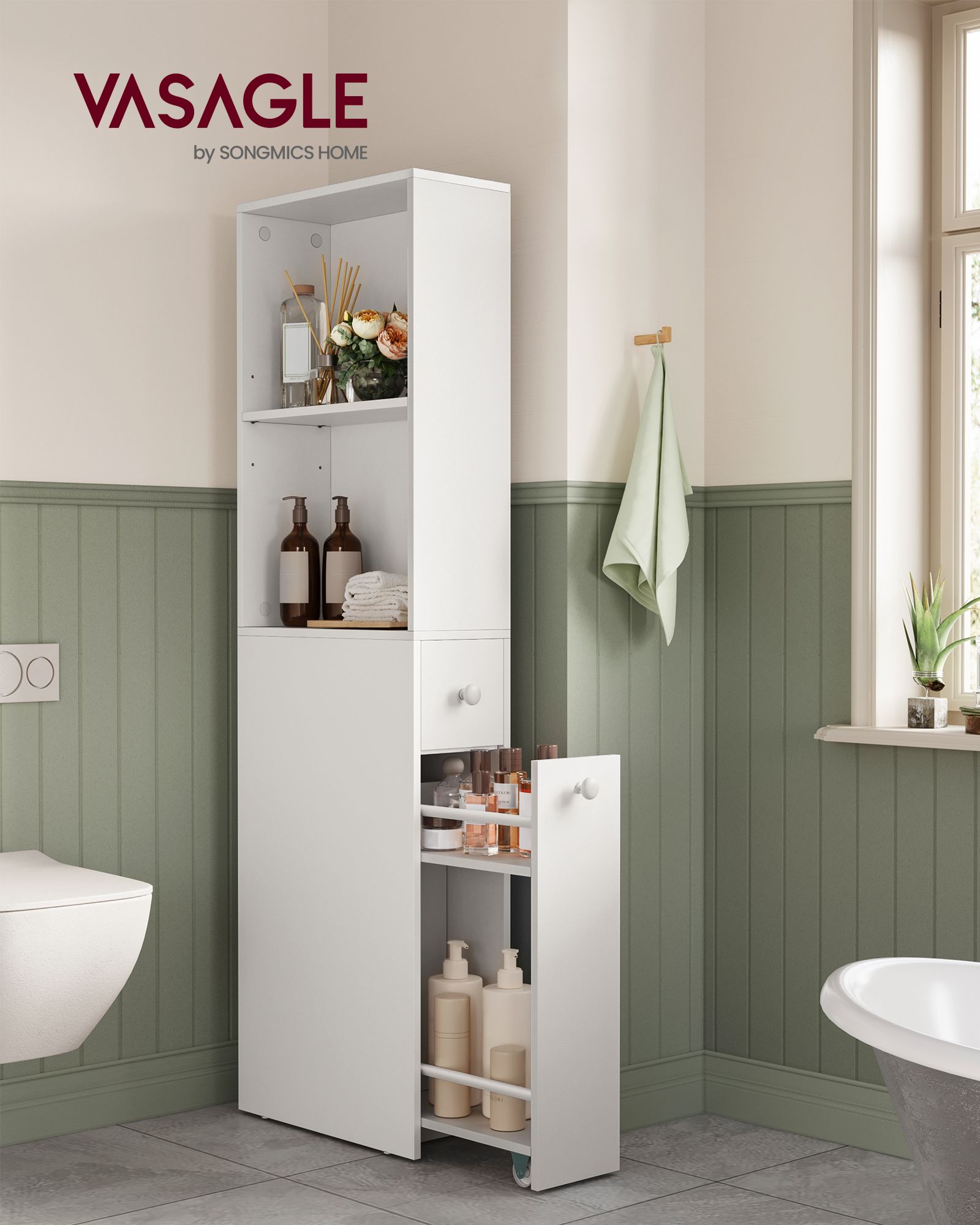 Tall Bathroom Cabinet – Wood – Classic White – Freestanding Slim Storage with Drawers and Adjustable Shelf