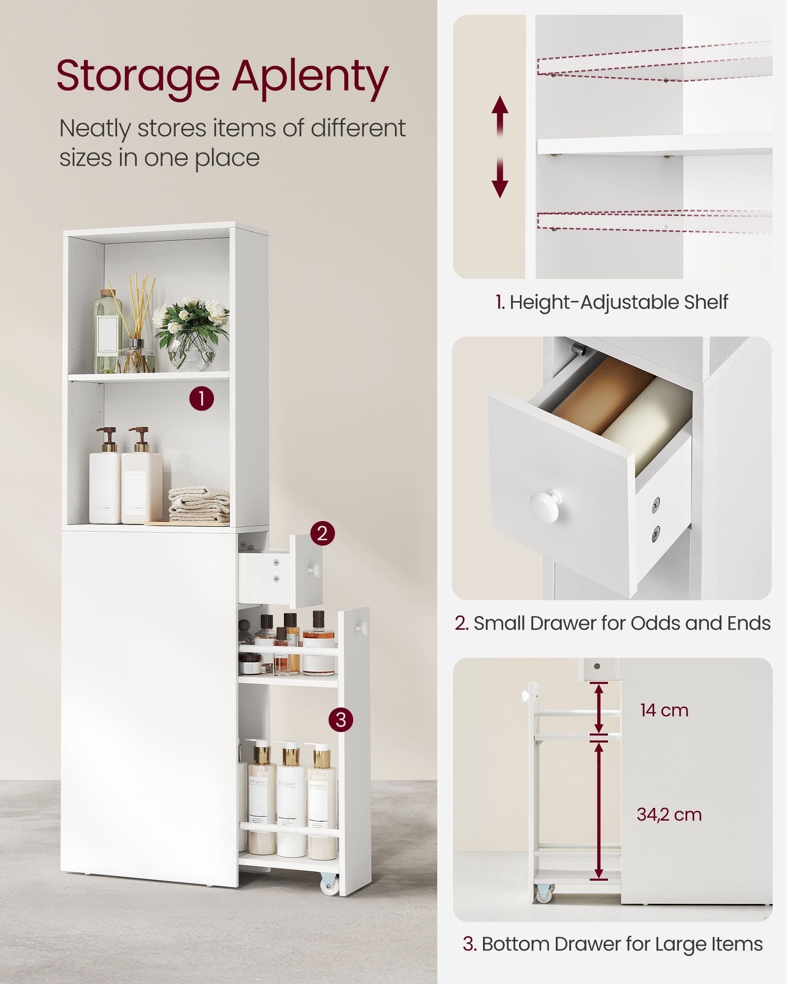 Tall Bathroom Cabinet – Wood – Classic White – Freestanding Slim Storage with Drawers and Adjustable Shelf