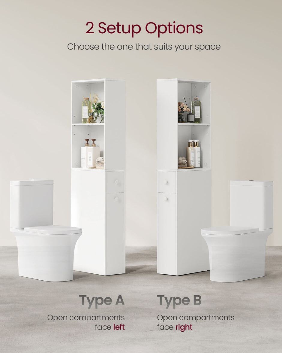 Tall Bathroom Cabinet – Wood – Classic White – Freestanding Slim Storage with Drawers and Adjustable Shelf