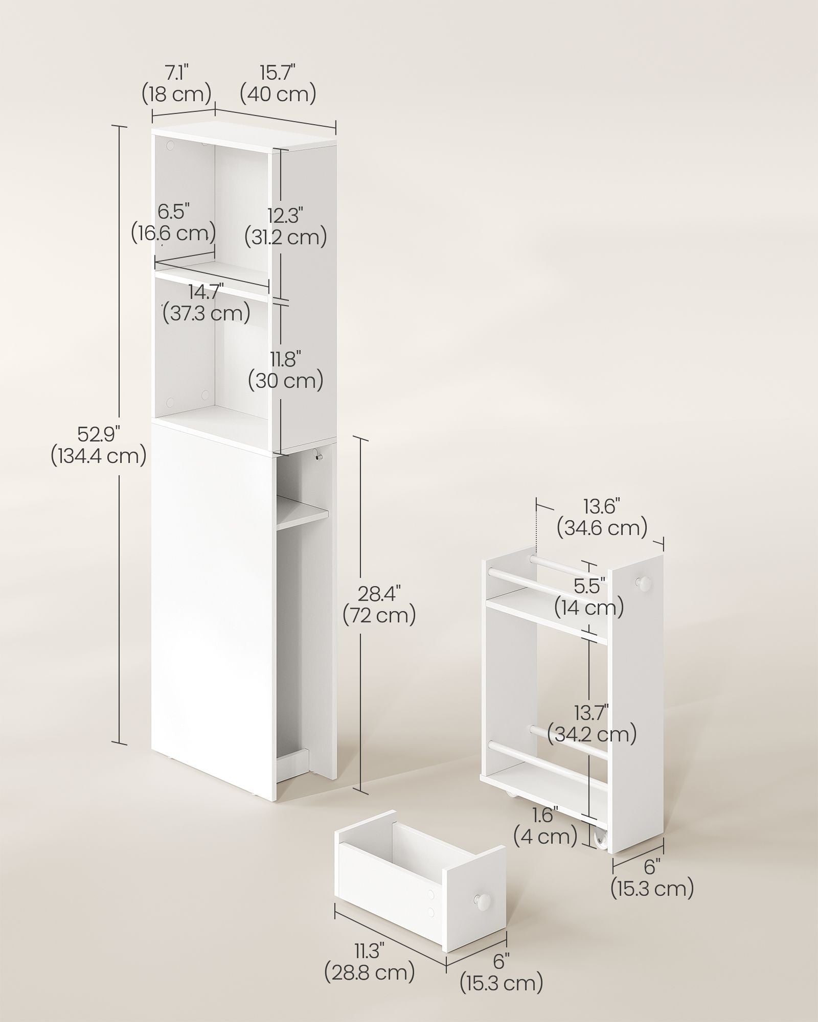 Tall Bathroom Cabinet – Wood – Classic White – Freestanding Slim Storage with Drawers and Adjustable Shelf