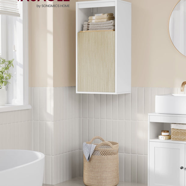 Wall-Mounted Bathroom Cabinet – MDF – Cloud White and Natural Beige – Adjustable Door Swing Direction and Shelf