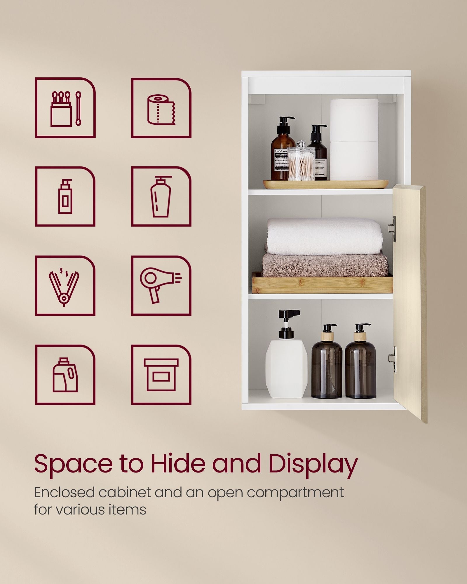 Wall-Mounted Bathroom Cabinet – MDF – Cloud White and Natural Beige – Adjustable Door Swing Direction and Shelf