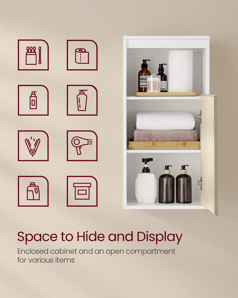 Wall-Mounted Bathroom Cabinet – MDF – Cloud White and Natural Beige – Adjustable Door Swing Direction and Shelf