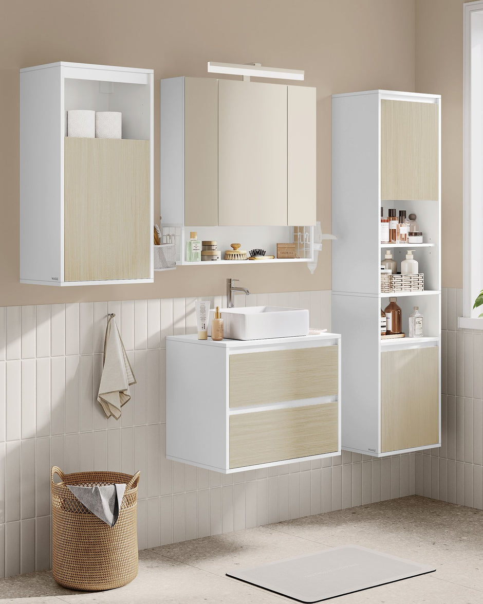 Wall-Mounted Bathroom Cabinet – MDF – Cloud White and Natural Beige – Adjustable Door Swing Direction and Shelf