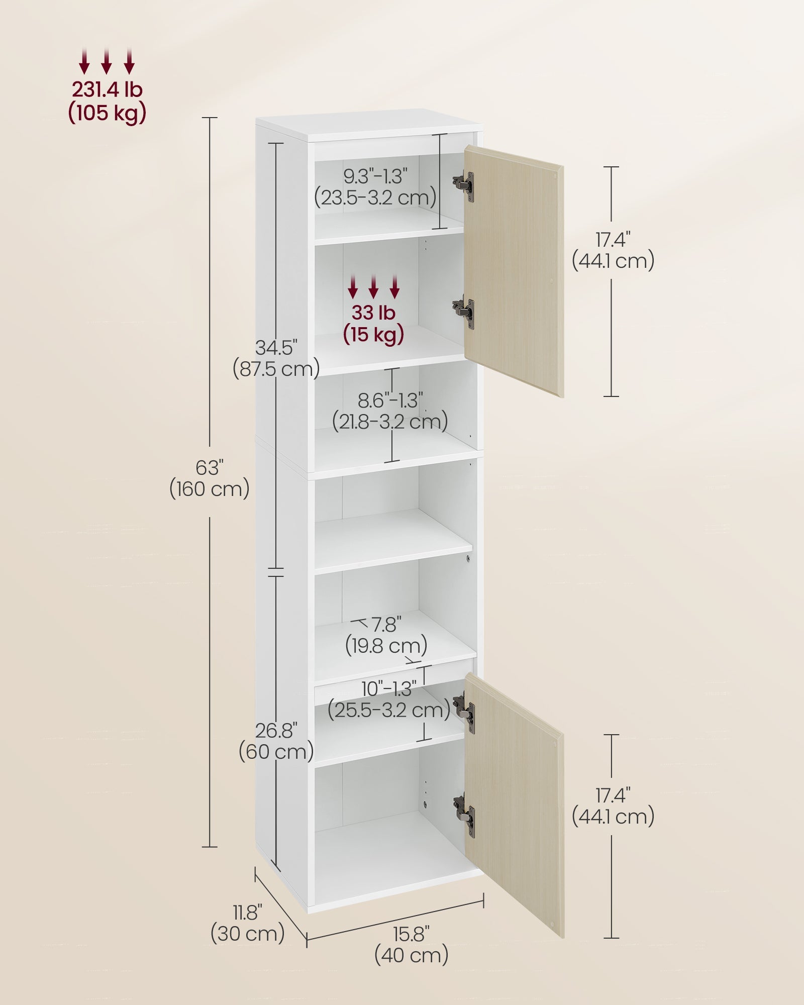 Wall-Mounted Bathroom Cabinet – Engineered Wood – Cloud White and Natural Beige – Adjustable Shelves and Door Swing Direction
