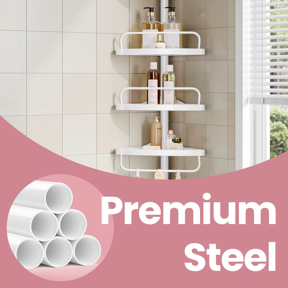 Bathroom Storage Rack – Metal – White – Adjustable 4-Tier Corner Shelf