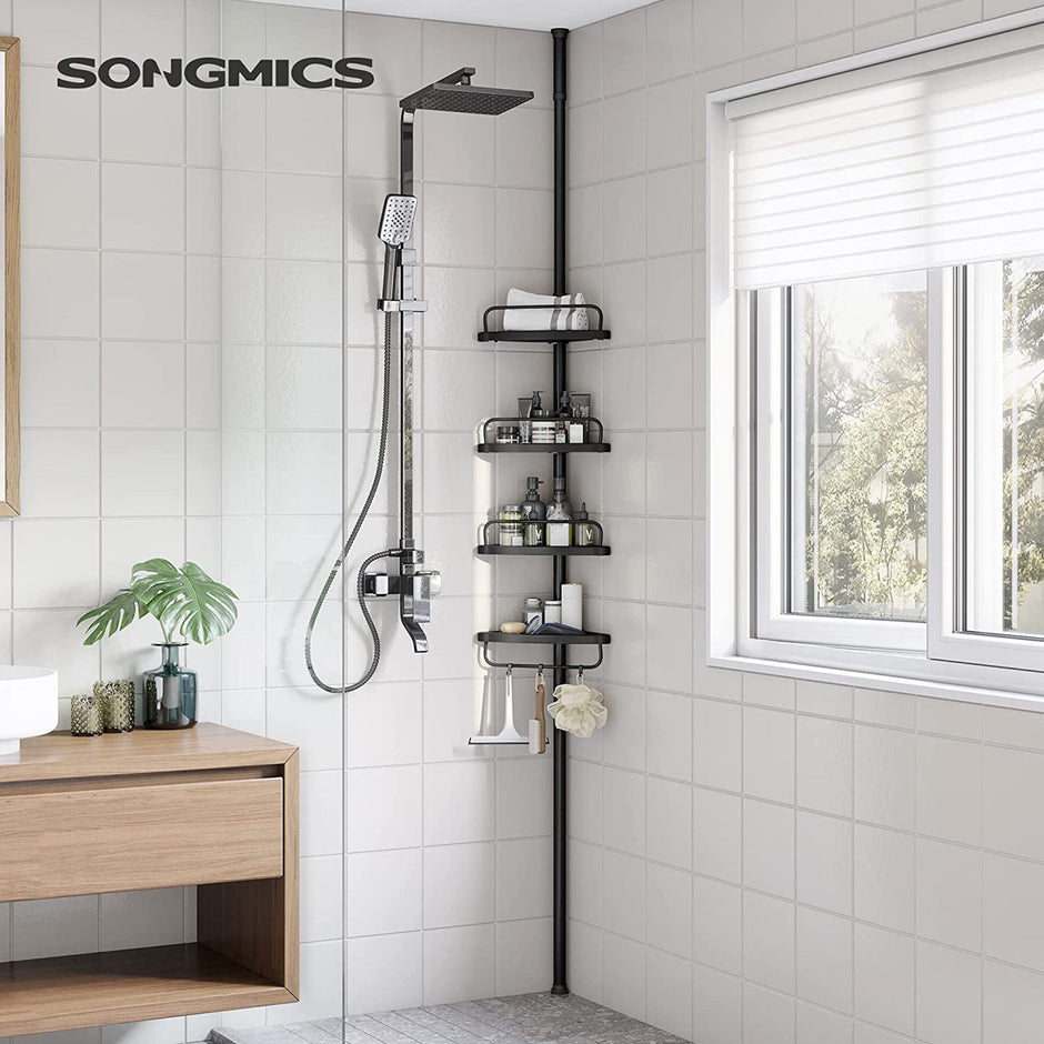 Adjustable Corner Bathroom Shelf – Metal – Black – Telescopic 4-Tier Design