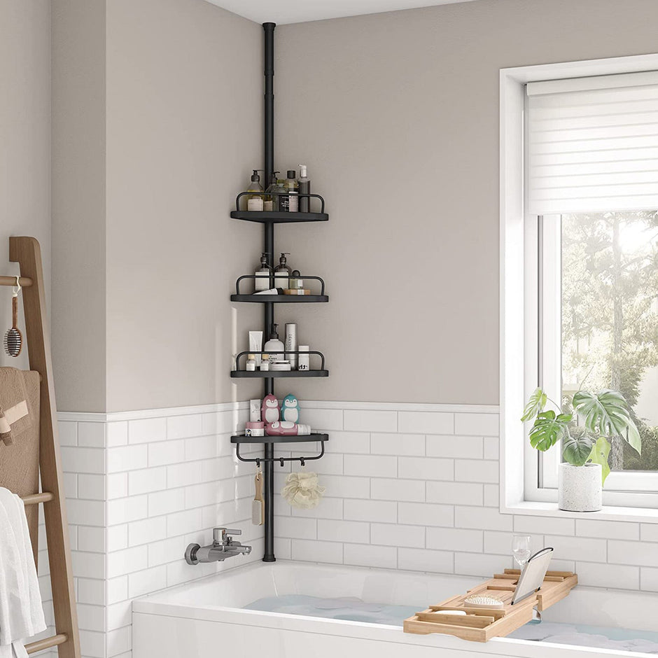 Adjustable Corner Bathroom Shelf – Metal – Black – Telescopic 4-Tier Design