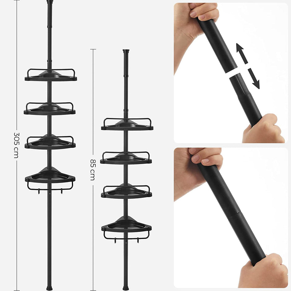 Adjustable Corner Bathroom Shelf – Metal – Black – Telescopic 4-Tier Design
