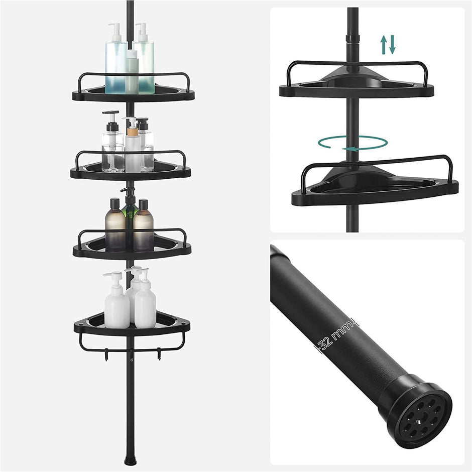 Adjustable Corner Bathroom Shelf – Metal – Black – Telescopic 4-Tier Design