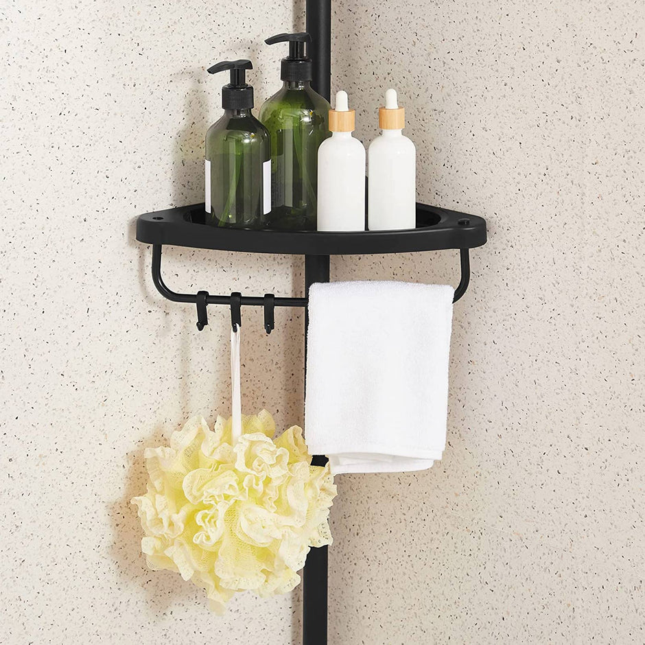 Adjustable Corner Bathroom Shelf – Metal – Black – Telescopic 4-Tier Design