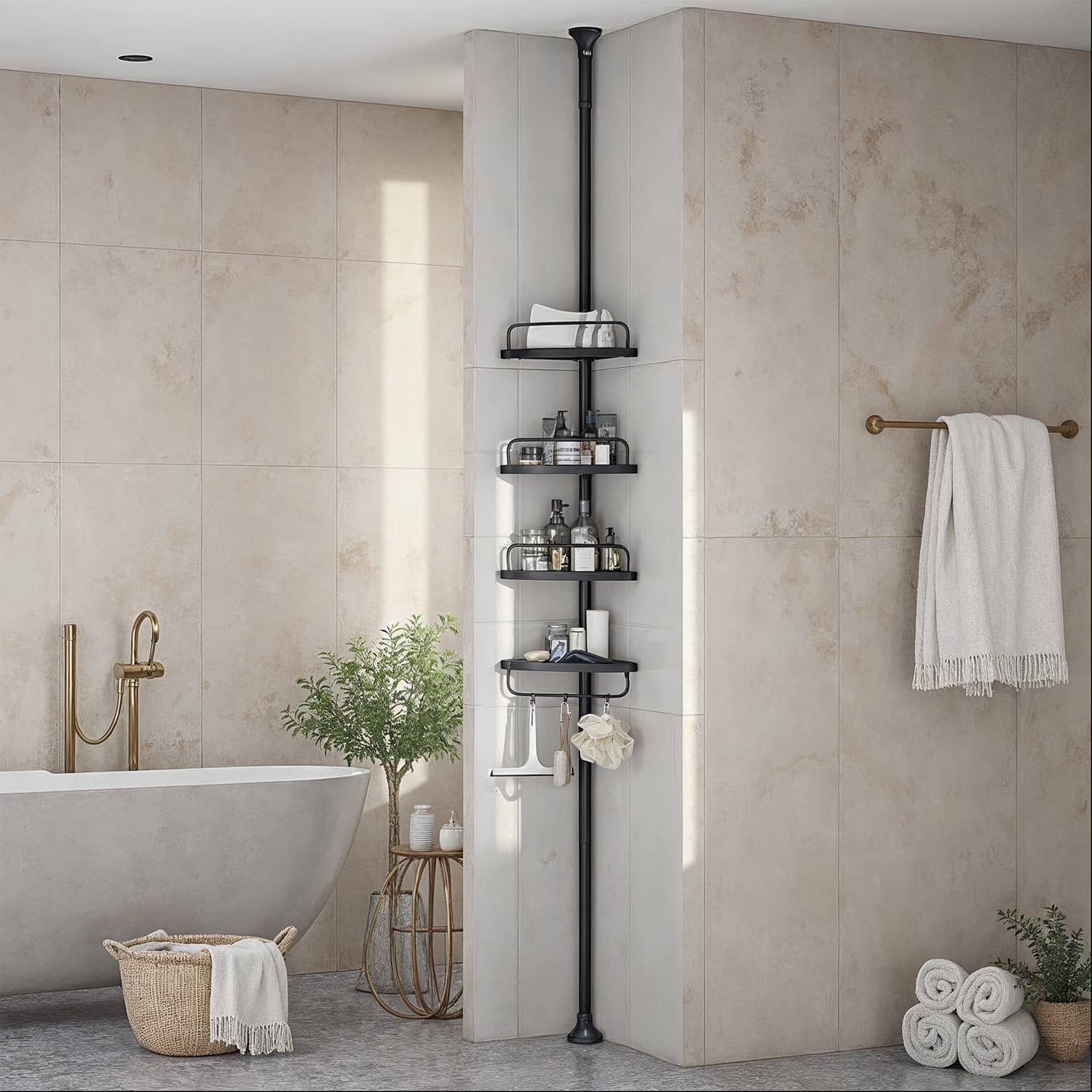 Corner Shower Shelf – Metal – Black – Adjustable 4-Tier Bathroom Organiser (85-305 cm)