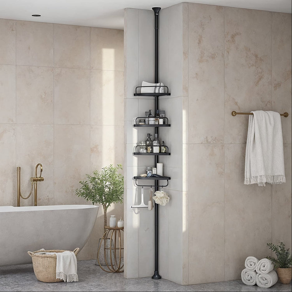 Corner Shower Shelf – Metal – Black – Adjustable 4-Tier Bathroom Organiser (85-305 cm)