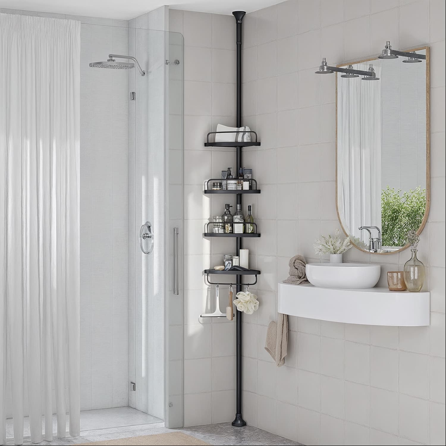 Corner Shower Shelf – Metal – Black – Adjustable 4-Tier Bathroom Organiser (85-305 cm)