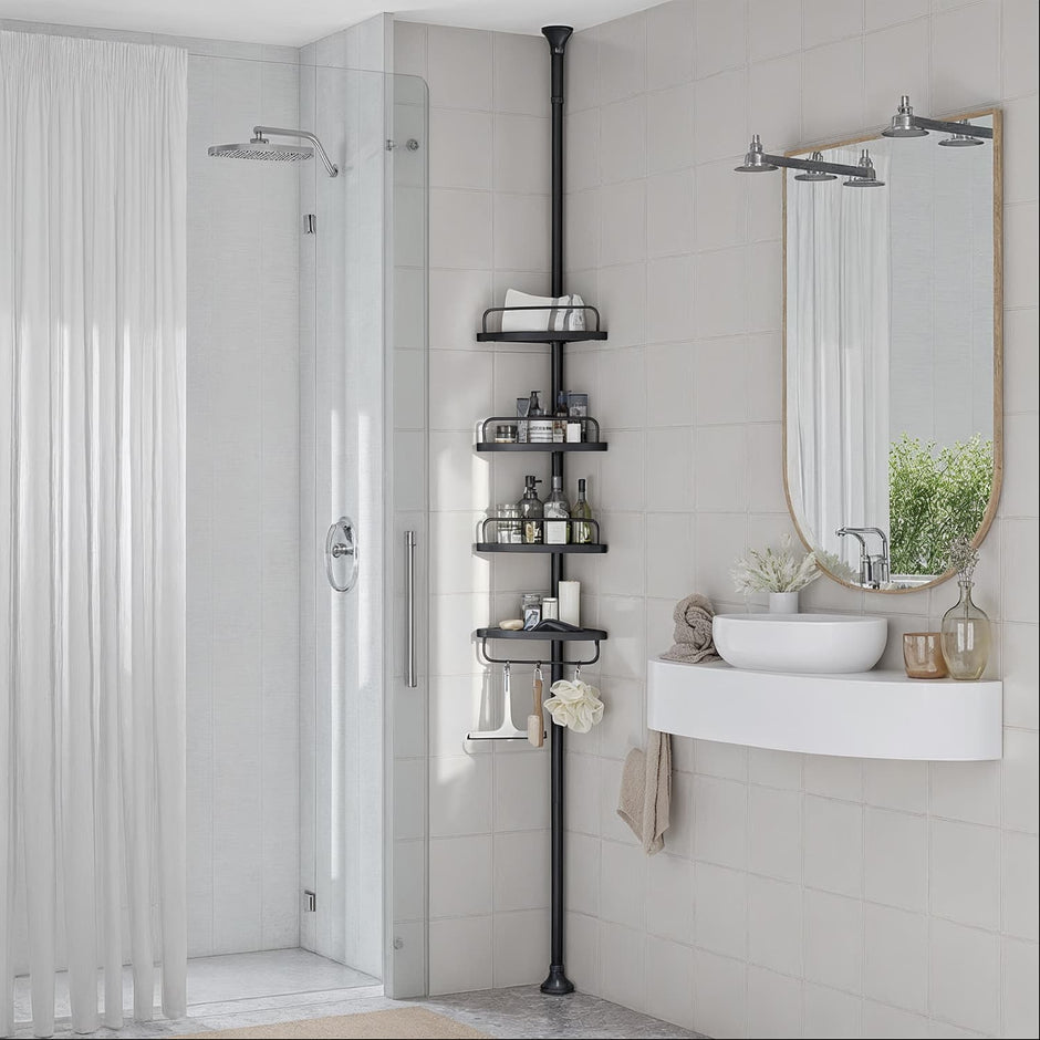 Corner Shower Shelf – Metal – Black – Adjustable 4-Tier Bathroom Organiser (85-305 cm)