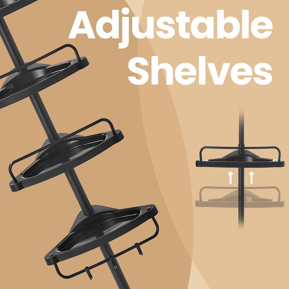 Corner Shower Shelf – Metal – Black – Adjustable 4-Tier Bathroom Organiser (85-305 cm)