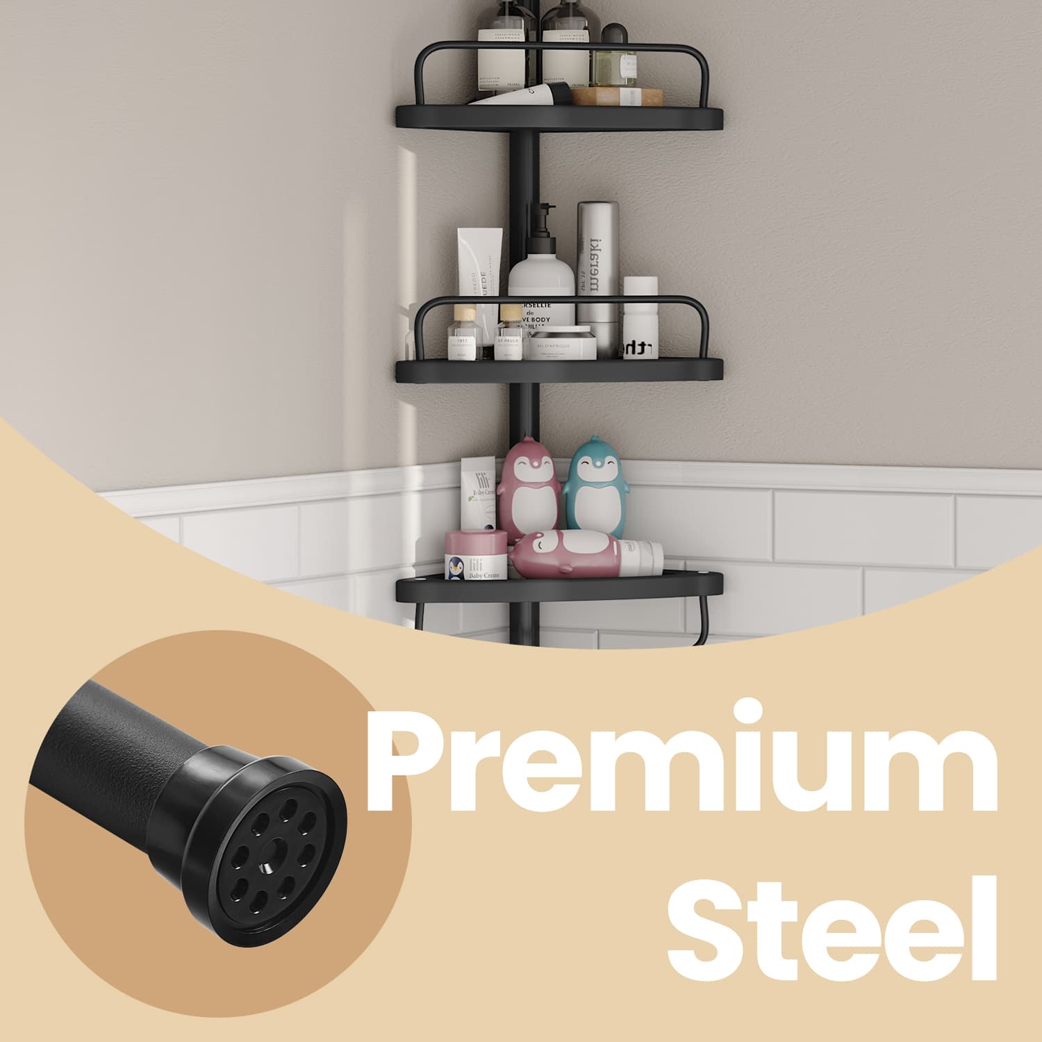 Corner Shower Shelf – Metal – Black – Adjustable 4-Tier Bathroom Organiser (85-305 cm)