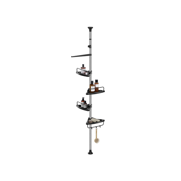 Adjustable Shower Caddy – Stainless Steel – Silver & Black – 4 Tiers with Hooks and Towel Bar