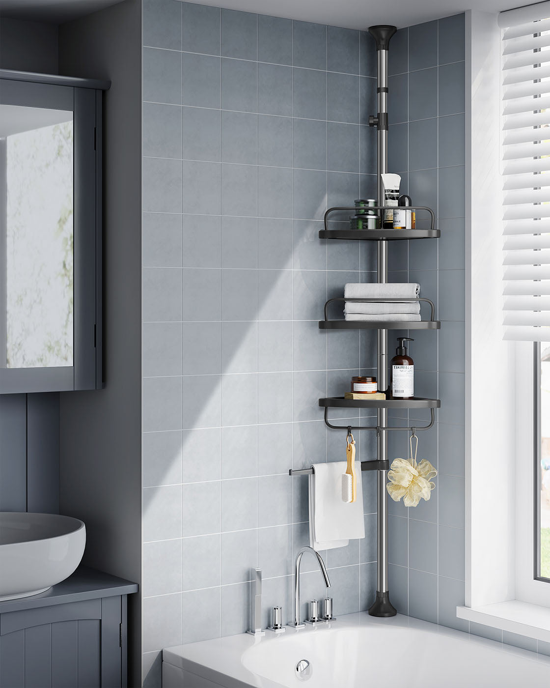 Adjustable Shower Caddy – Stainless Steel – Silver & Black – 4 Tiers with Hooks and Towel Bar