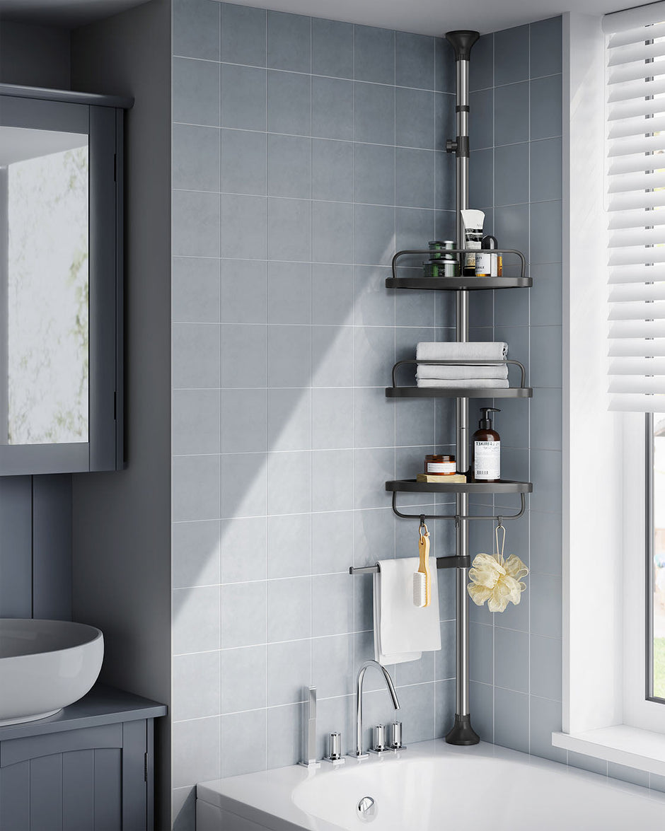 Adjustable Shower Caddy – Stainless Steel – Silver & Black – 4 Tiers with Hooks and Towel Bar