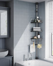 Adjustable Shower Caddy – Stainless Steel – Silver & Black – 4 Tiers with Hooks and Towel Bar