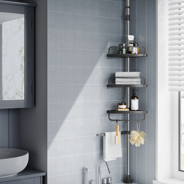 Adjustable Shower Caddy – Stainless Steel – Silver & Black – 4 Tiers with Hooks and Towel Bar