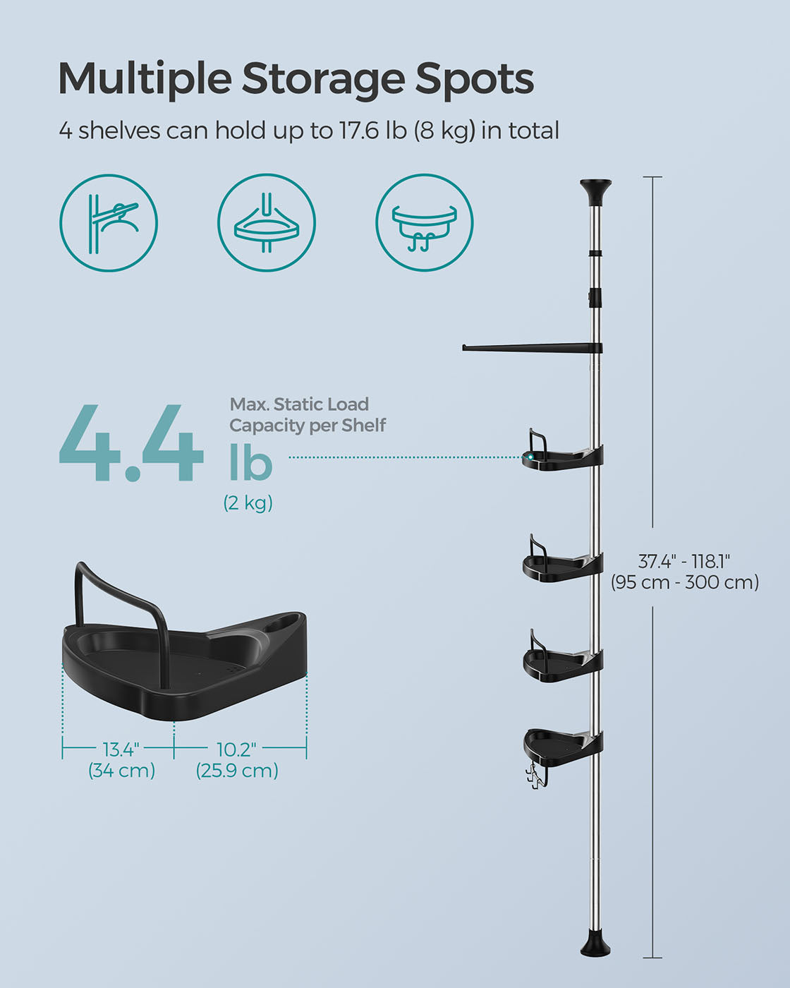 Adjustable Shower Caddy – Stainless Steel – Silver & Black – 4 Tiers with Hooks and Towel Bar