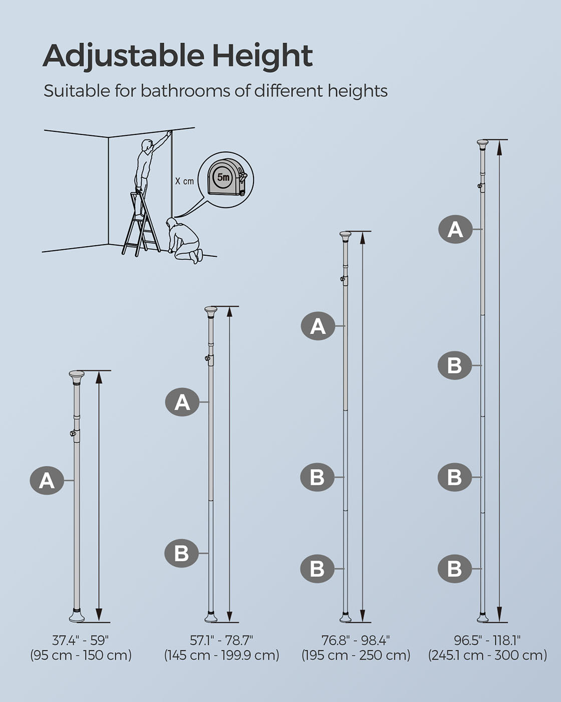 Adjustable Shower Caddy – Stainless Steel – Silver & Black – 4 Tiers with Hooks and Towel Bar