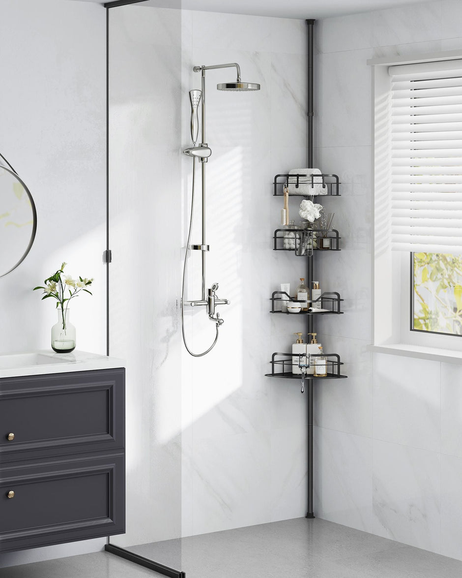 4-Tier Corner Shower Caddy – Rust-Resistant – Ink Black – Height Adjustable with Tension Pole