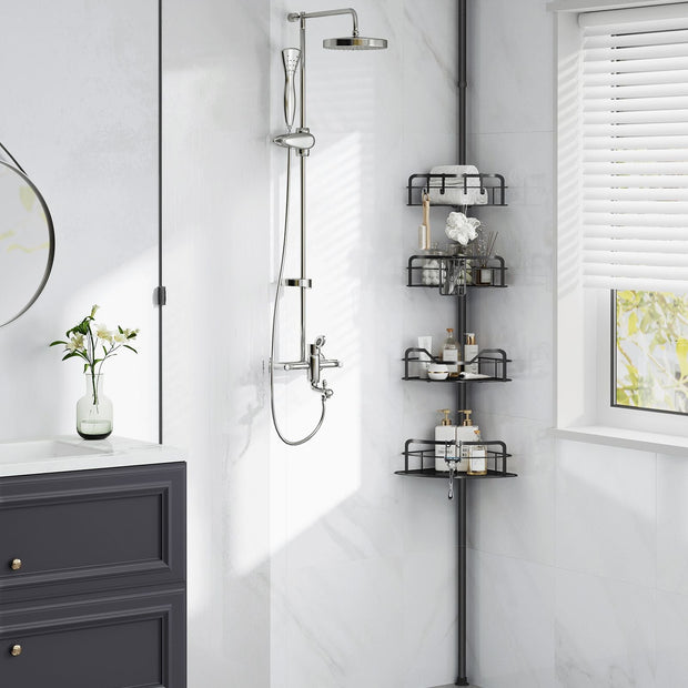 4-Tier Corner Shower Caddy – Rust-Resistant – Ink Black – Height Adjustable with Tension Pole