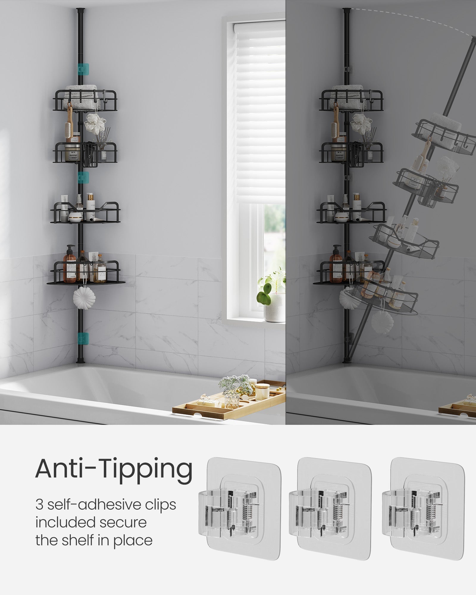 4-Tier Corner Shower Caddy – Rust-Resistant – Ink Black – Height Adjustable with Tension Pole
