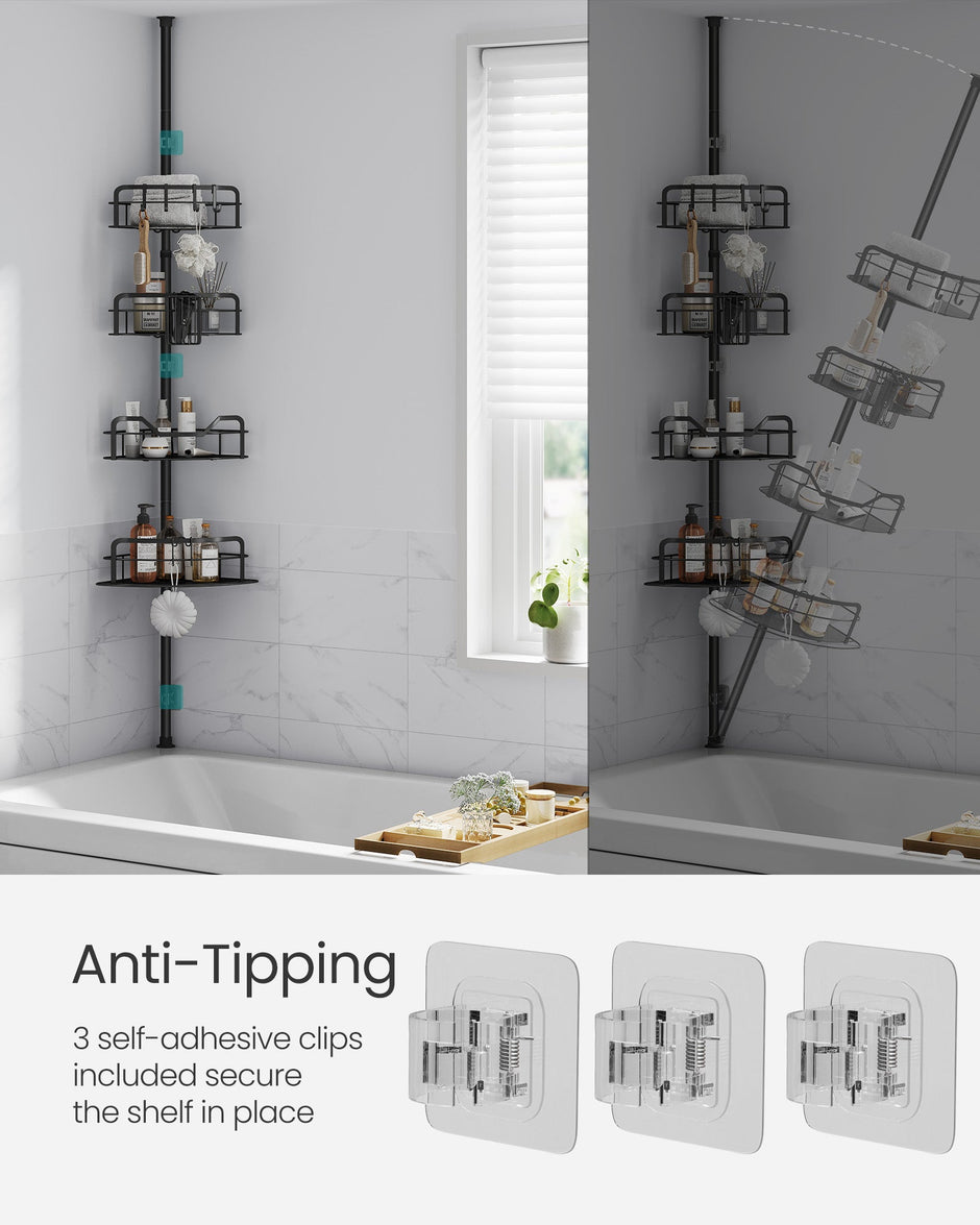 4-Tier Corner Shower Caddy – Rust-Resistant – Ink Black – Height Adjustable with Tension Pole