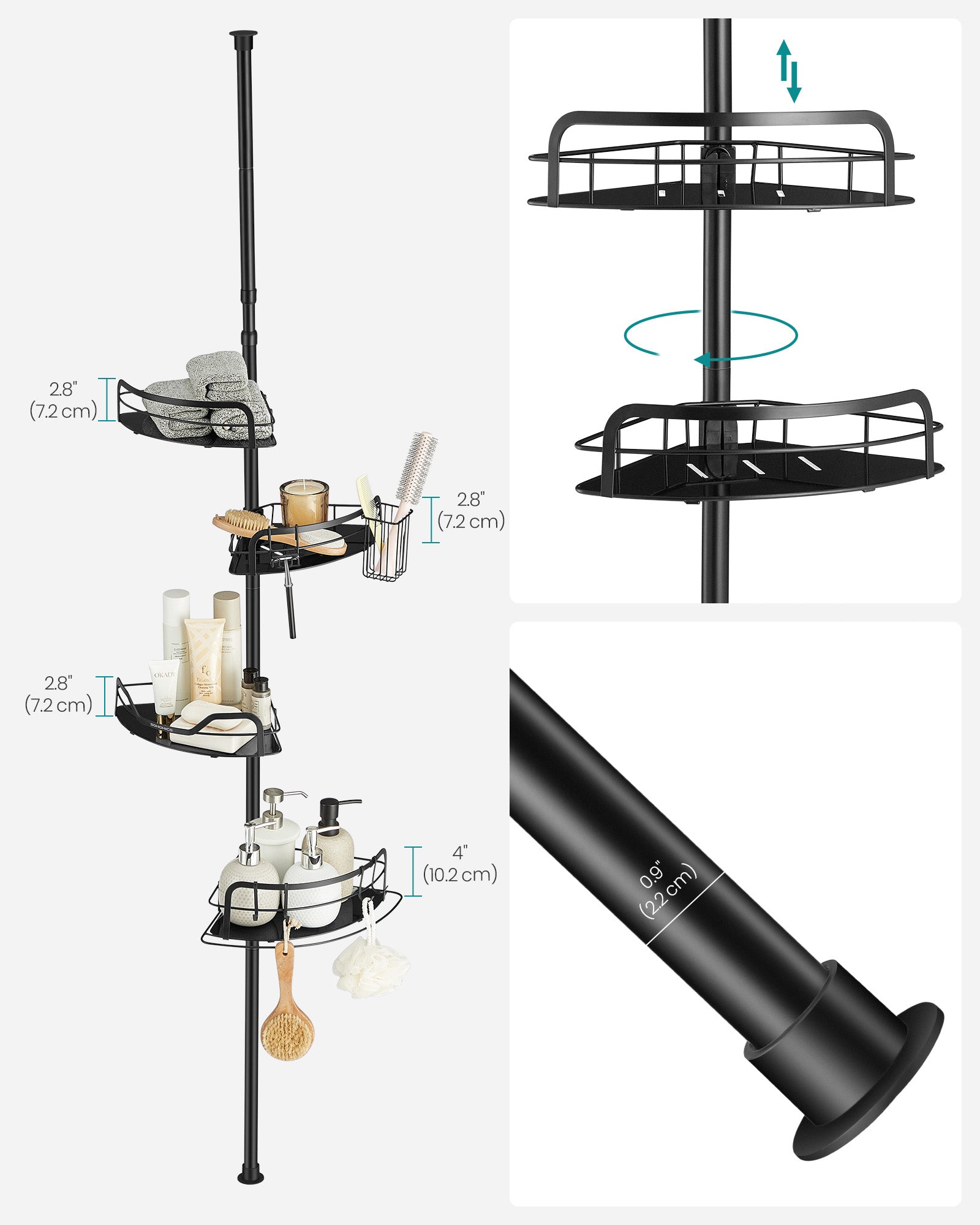 4-Tier Corner Shower Caddy – Rust-Resistant – Ink Black – Height Adjustable with Tension Pole
