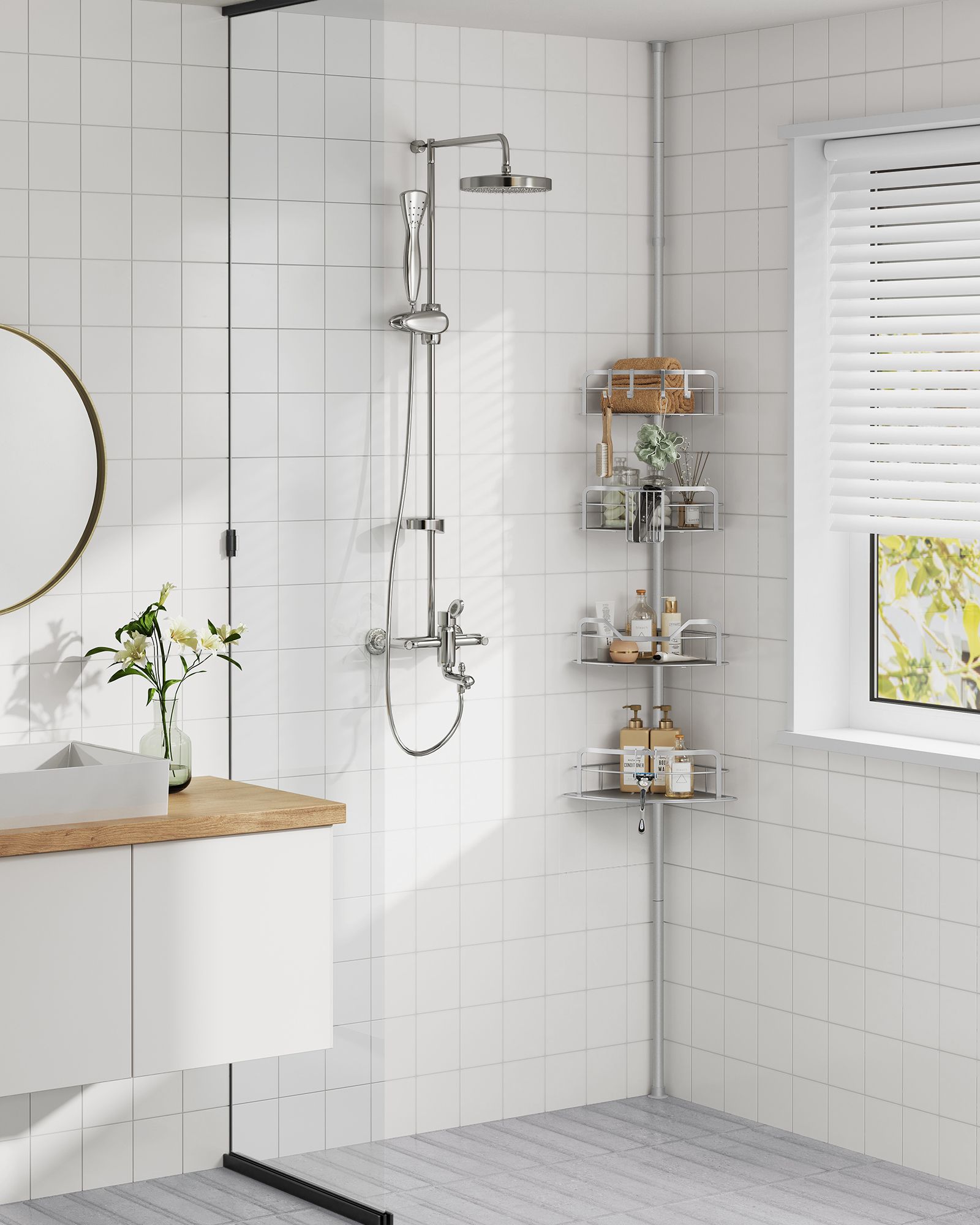 4-Tier Corner Shower Caddy – Rust-Resistant – Dove Grey – Height Adjustable with Tension Pole