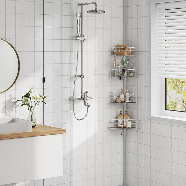 4-Tier Corner Shower Caddy – Rust-Resistant – Dove Grey – Height Adjustable with Tension Pole
