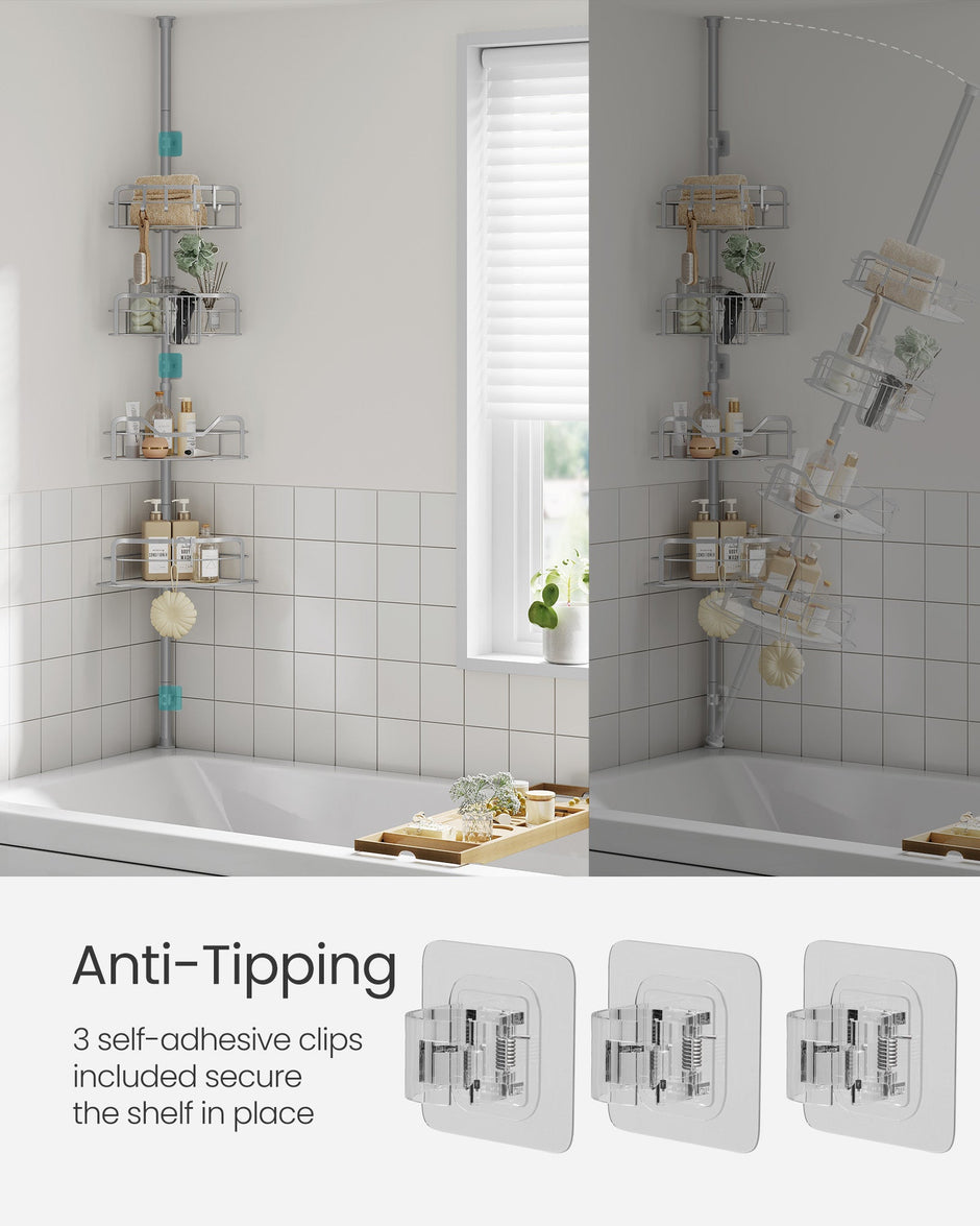 4-Tier Corner Shower Caddy – Rust-Resistant – Dove Grey – Height Adjustable with Tension Pole