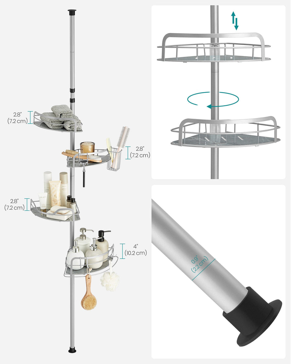 4-Tier Corner Shower Caddy – Rust-Resistant – Dove Grey – Height Adjustable with Tension Pole