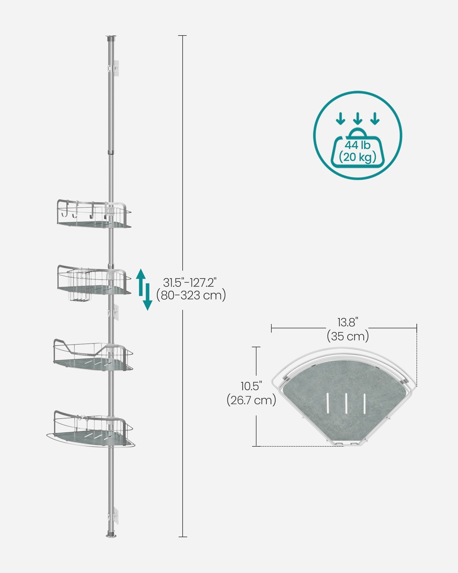 4-Tier Corner Shower Caddy – Rust-Resistant – Dove Grey – Height Adjustable with Tension Pole
