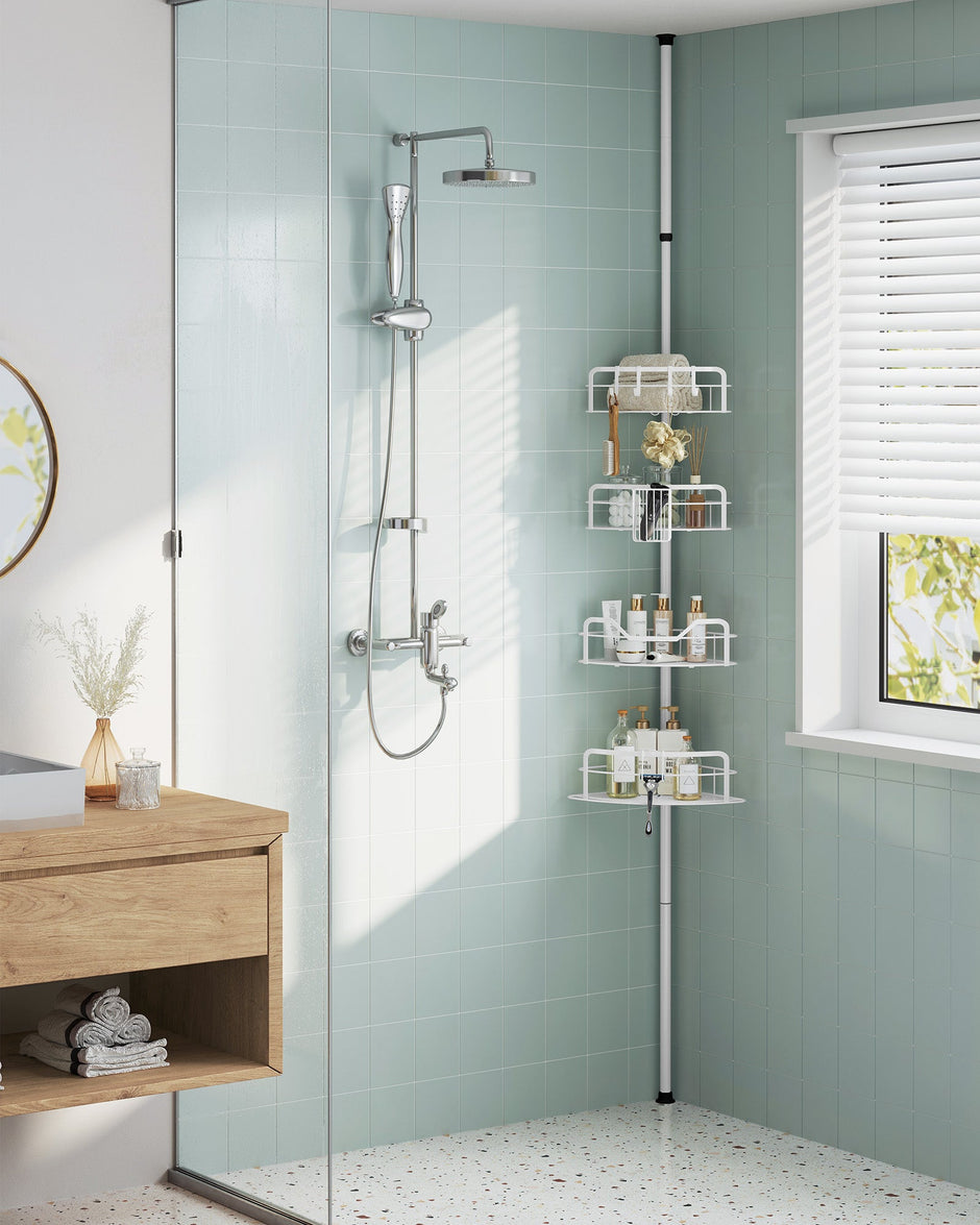 4-Tier Corner Shower Caddy – Rust-Resistant – Cloud White – Height Adjustable Tension Pole
