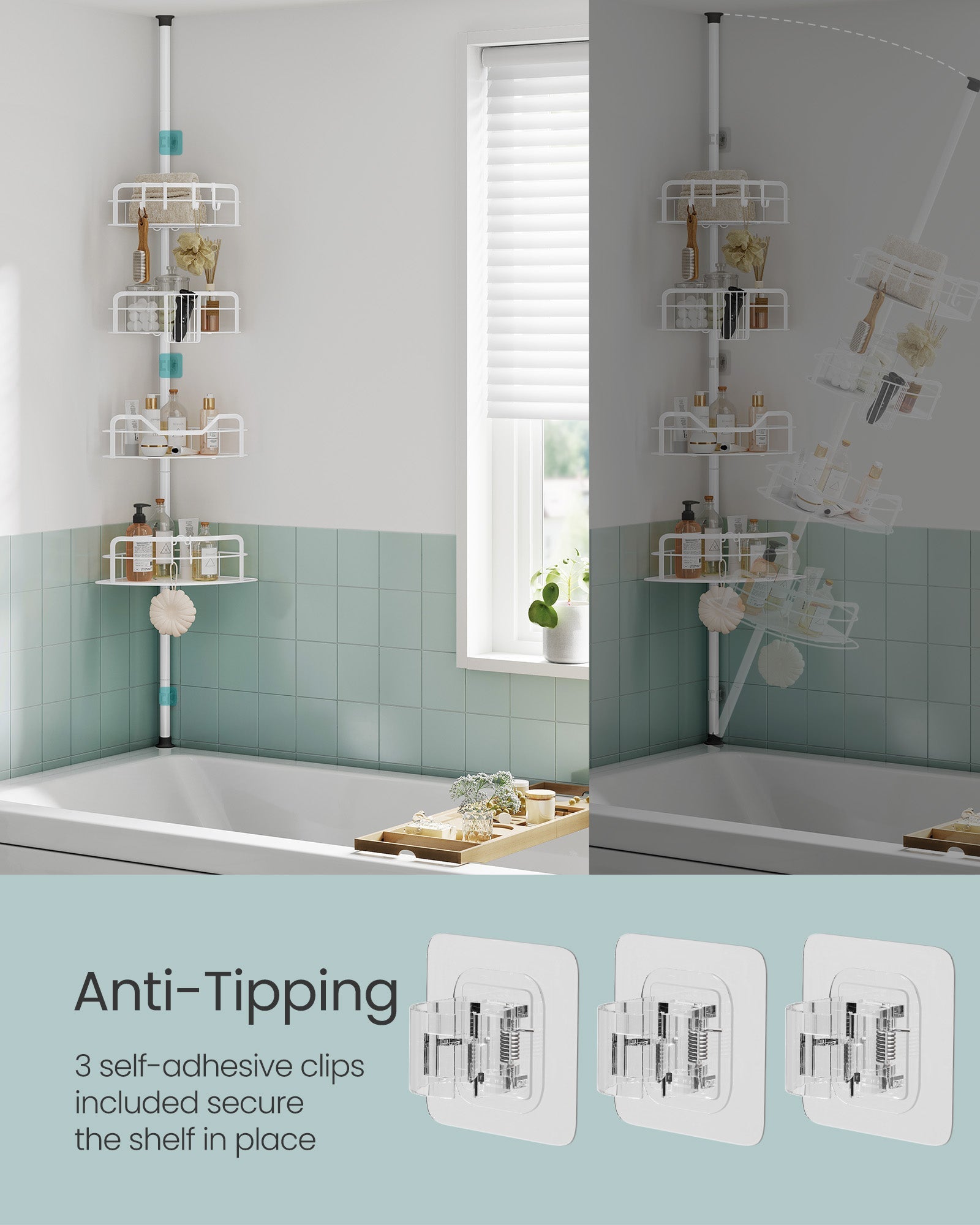 4-Tier Corner Shower Caddy – Rust-Resistant – Cloud White – Height Adjustable Tension Pole