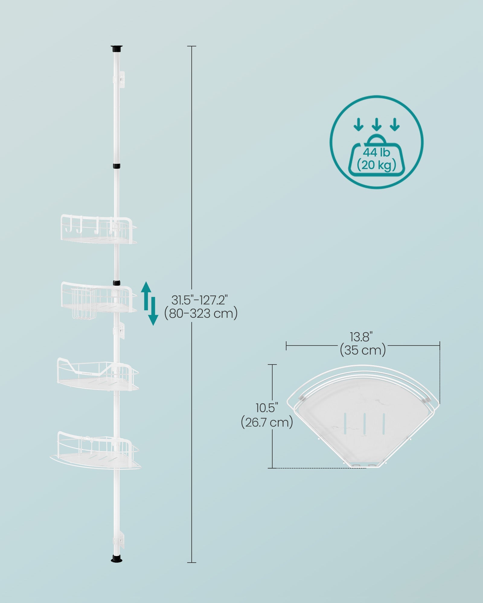 4-Tier Corner Shower Caddy – Rust-Resistant – Cloud White – Height Adjustable Tension Pole