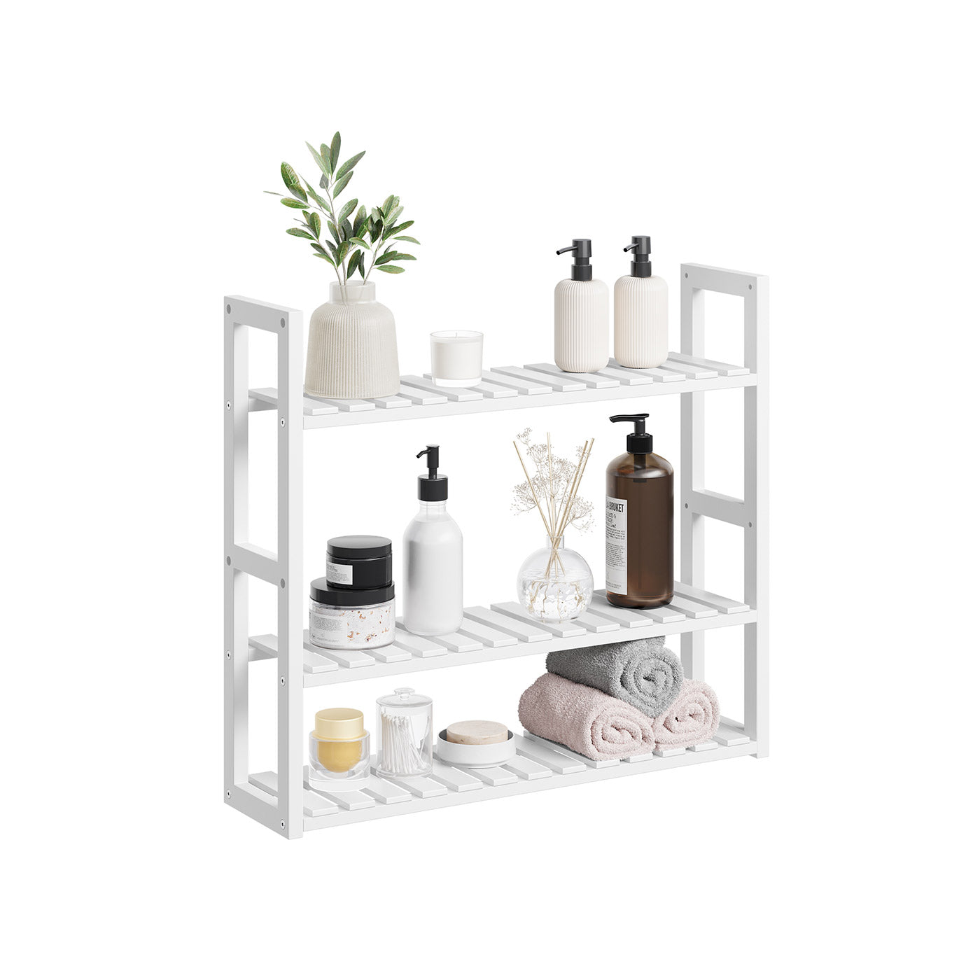 Adjustable Rack – Bamboo – White – 3-Tier Space-Saving Wall Shelf 60 x 15 x 54 cm