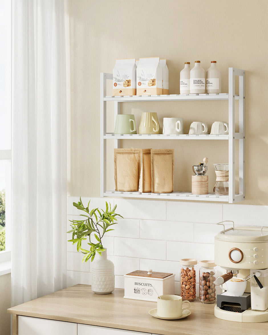 Adjustable Rack – Bamboo – White – 3-Tier Space-Saving Wall Shelf 60 x 15 x 54 cm